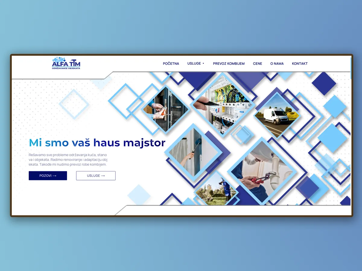 Sajt Alfa Tim prikazan na ekranu — početna strana sa porukom „Mi smo vaš haus majstor“