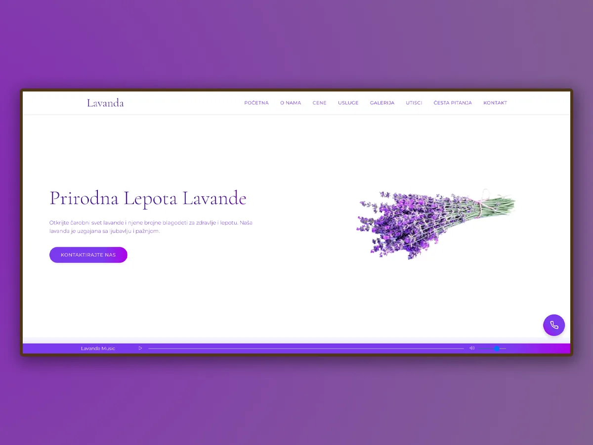 The Lavanda Beograd website on a screen — home page in violet and white
