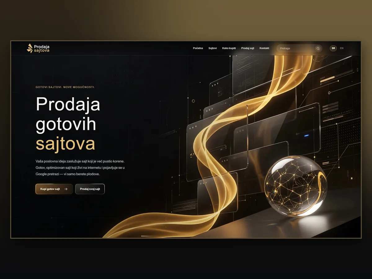 Sajt Prodaja sajtova prikazan na ekranu — crno-zlatna početna strana sa naslovom „Prodaja gotovih sajtova“