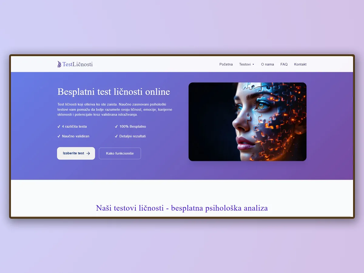 The Test ličnosti website on a screen — home page with a choice of free personality tests
